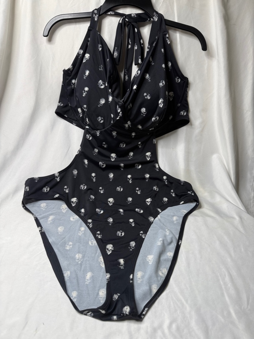 Killstar Black Halter Cutout One-Piece Swimsuit with White Skull Print
